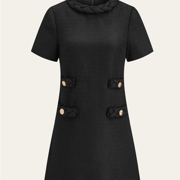 Commense Dresses & Skirts - Commense Black Tweed Dress with Twisted Neck & Gold Accents